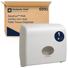 The Aquarius™ Toilet Tissue Dispenser - Jumbo Non-Stop by Kimberly-Clark GmbH in White offers a practical and hygienic solution for your toilet paper needs. 1 dispenser per carton.