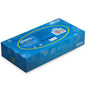 A rectangular blue box of Kleenex® facial tissues - Standard / White from Kimberly-Clark GmbH shows the back with product information, barcode, and branding. Its pattern of light blue circles and yellow outlines is ideal for facial cleansing.