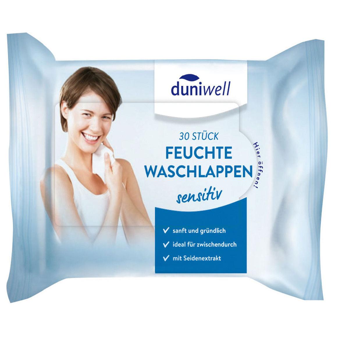 A pack of 30 Duni GmbH moist wipes, white - Ideal for skin care. The packaging shows a smiling woman and German information on cleaning and care, gentle application, and silk extract.