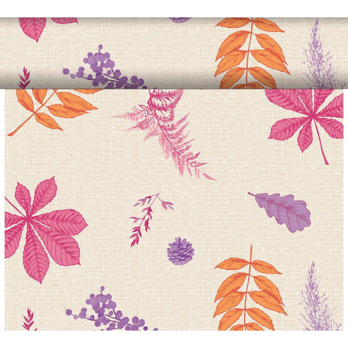 A beige, textured Dunicel Tete-a-Tete table runner (0.4 x 24 m) from Duni GmbH featuring a repeating pattern of autumn leaves, ferns, pinecones, and berries in orange, pink, and purple—ideal for a vibrant, autumnal table setting. Partially rolled up at the top.