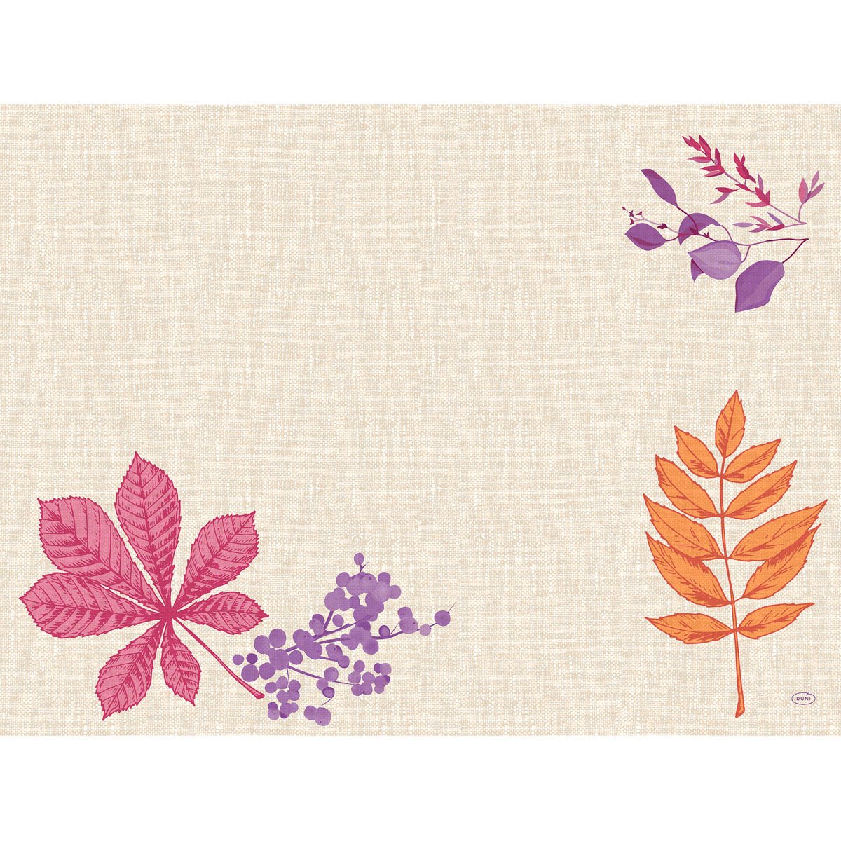 A beige textured background with three stylized plants - pink leaf with violet berries (bottom left), orange leaf (bottom right), and violet leaves (top right) - adorns the Dunicel sets 30x40 disposable placemats from Duni GmbH.