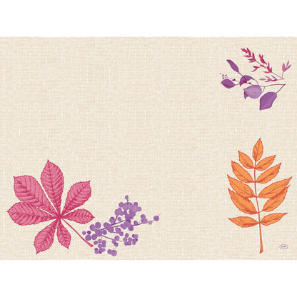 A beige textured background with three stylized plants - pink leaf with violet berries (bottom left), orange leaf (bottom right), and violet leaves (top right) - adorns the Dunicel sets 30x40 disposable placemats from Duni GmbH.
