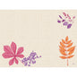 A beige textured background with three stylized plants - pink leaf with violet berries (bottom left), orange leaf (bottom right), and violet leaves (top right) - adorns the Dunicel sets 30x40 disposable placemats from Duni GmbH.