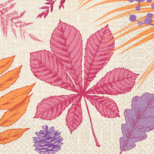 A structured autumn motif with pink, orange, and purple leaves, a purple pine cone, and autumnal accents with a large pink leaf in the center. The design is printed on Duni GmbH napkins 33x33 3-ply 1/4 Bright Autumn (50 pieces).