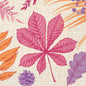 A structured autumn motif with pink, orange, and purple leaves, a purple pine cone, and autumnal accents with a large pink leaf in the center. The design is printed on Duni GmbH napkins 33x33 3-ply 1/4 Bright Autumn (50 pieces).