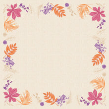 The square beige Dunicel table cover 84x84 "Bright Autumn" by Duni GmbH features a border of autumn leaves, orange branches, and purple blossoms - ideal as decorative table decor. Package: 20 pieces.