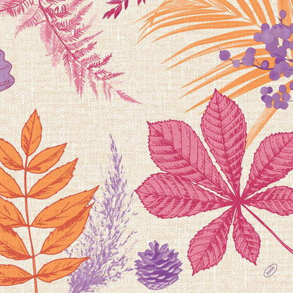 Illustration of autumn leaves, branches, berries, and a pine cone in warm tones on a beige background - perfect for Duni GmbH Dunisoft napkins 40x40cm to create a cozy, eco-friendly table setting.