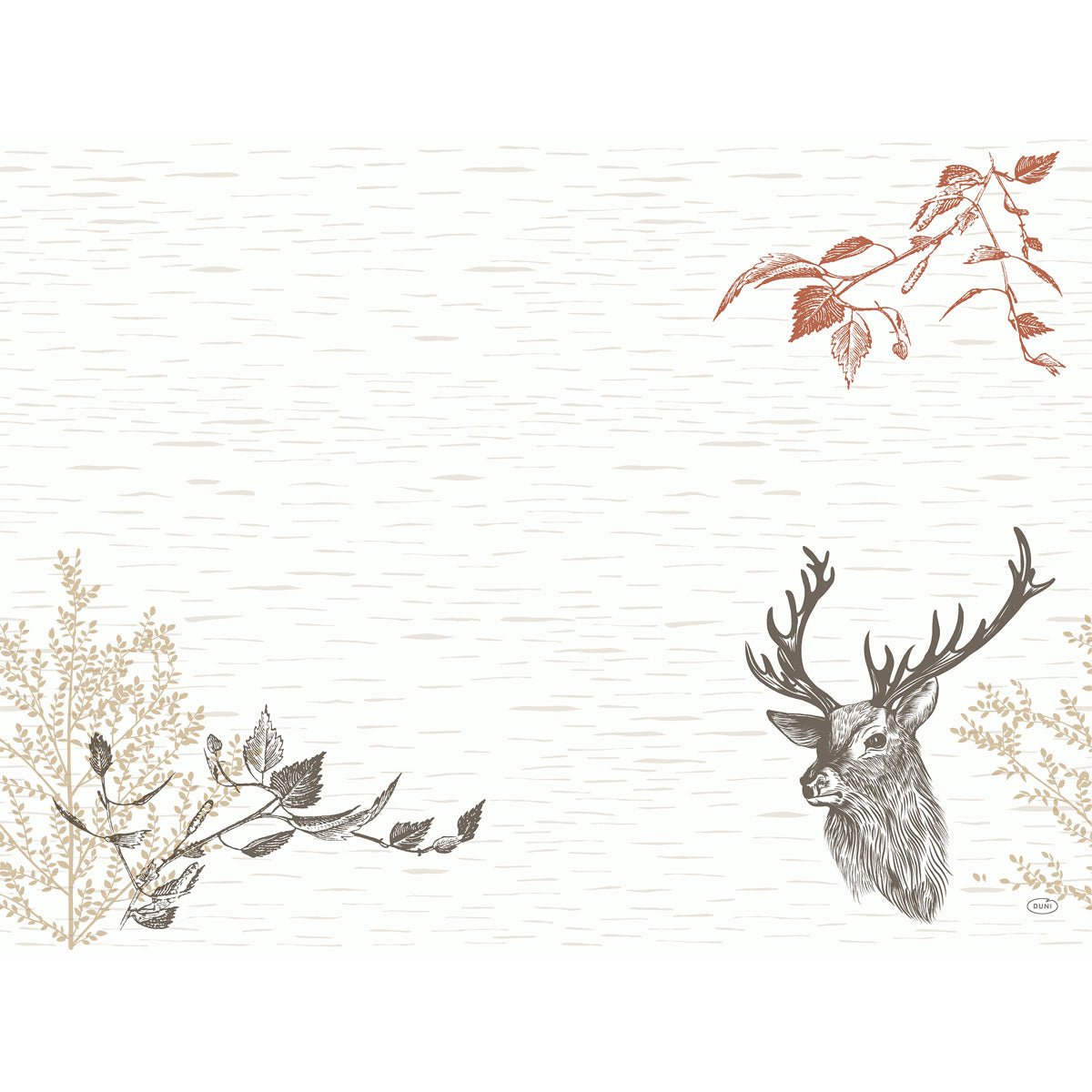 The Bio-Dunicel sets 30x40 cm from Duni GmbH feature a sketched deer head with antlers, leafy branches, and a textured background - the perfect inspiration for DIY projects with craft materials or wooden pieces. The package contains 100 pieces.