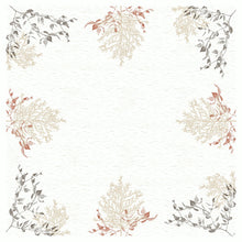 A square border with botanical motifs in beige, red, and gray on a light, textured background, inspired by the Bio-Dunicel tablecloth 84x84 cm - Wood & Nature by Duni GmbH. The central area is empty - ideal for eco-friendly wood products.
