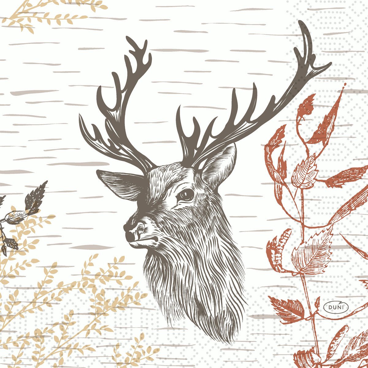 The cellulose napkins 33x33 cm, 3-ply, wood & deer by Duni GmbH feature a deer head with antlers amidst beige and reddish-brown plants on a textured light background. Each pack contains 50 elegant napkins - ideal for any occasion.