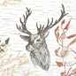 The cellulose napkins 33x33 cm, 3-ply, wood & deer by Duni GmbH feature a deer head with antlers amidst beige and reddish-brown plants on a textured light background. Each pack contains 50 elegant napkins - ideal for any occasion.