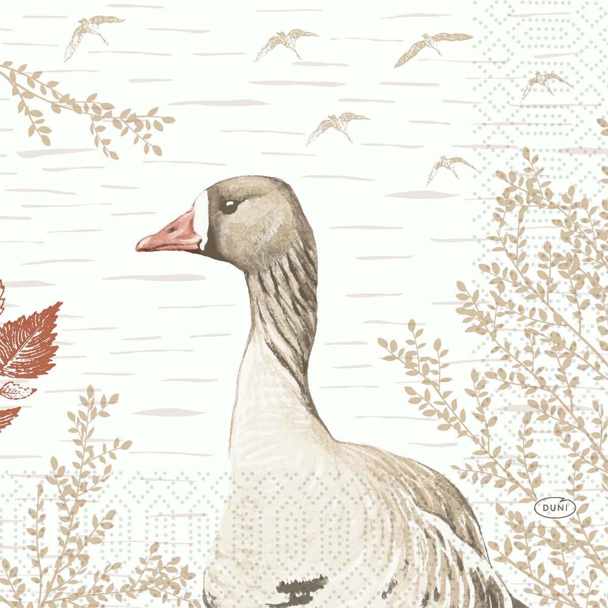The "Zellt.-Napkins 33x33 cm, 3-ply, Wood & Goose" from Duni GmbH feature a graceful goose among beige leaves and flying birds, bringing elegance and eco-friendliness to your table. The package contains 50 napkins.