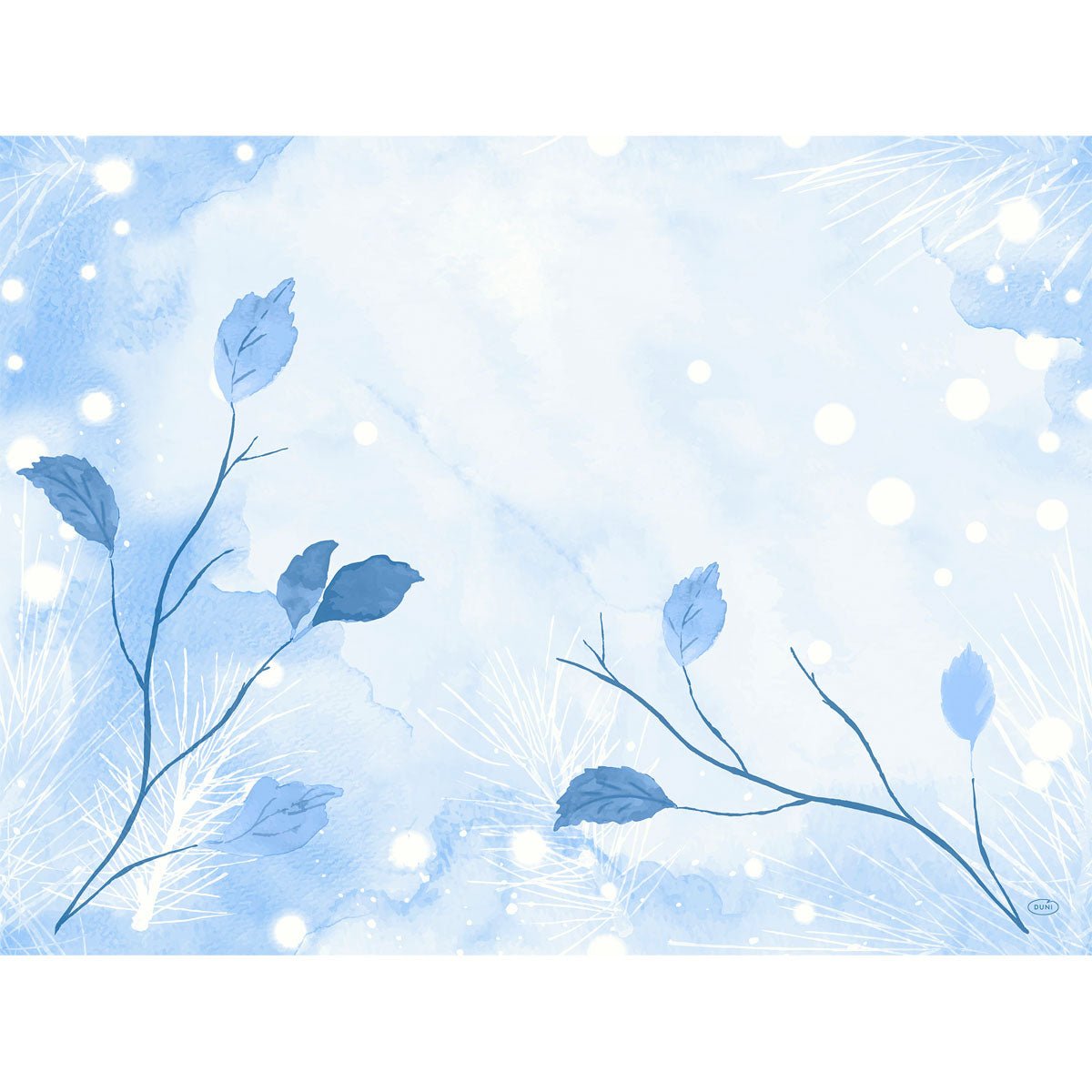 A light blue watercolor background with leafy branches and white dots, with soft textures and abstract patterns - ideal for stylish Dunicel sets 30x40 by Duni GmbH.