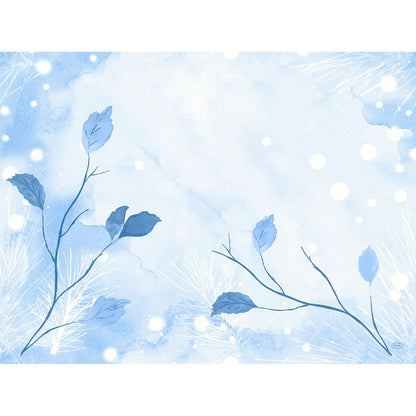 A light blue watercolor background with leafy branches and white dots, with soft textures and abstract patterns - ideal for stylish Dunicel sets 30x40 by Duni GmbH.