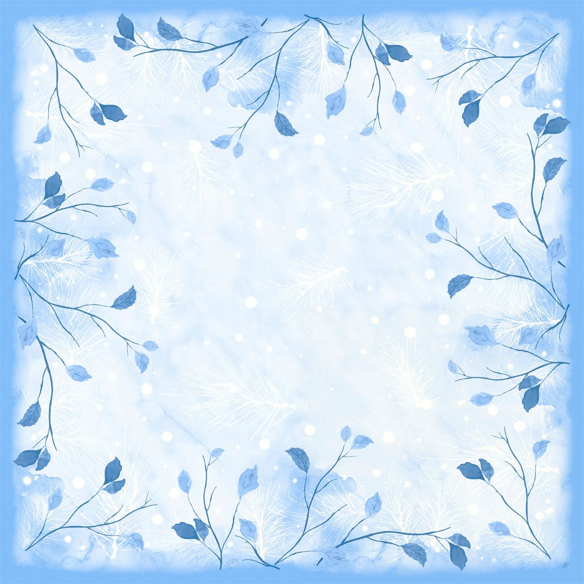 The Dunicel table cover 84x84cm Frosted Winter by Duni GmbH comes in gentle blue tones with delicate branches, blue leaves, and scattered white feathers and dots for a cheerful winter look. Package: 20 pieces.