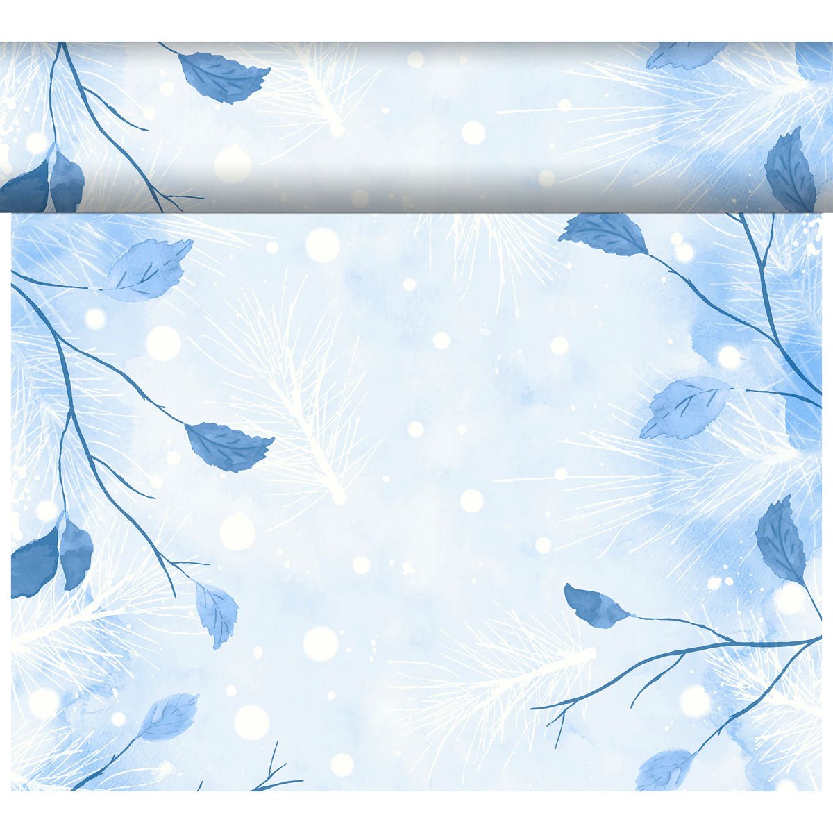 A light blue background with white snowflakes, small white dots like snow, and blue branches adorn the Dunicel-Tete a Tete 0.4x24m from Duni GmbH - ideal as an elegant table runner for your winter table decoration.