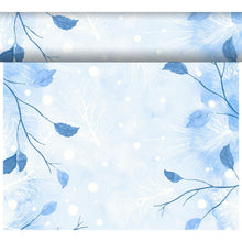 A light blue background with white snowflakes, small white dots like snow, and blue branches adorn the Dunicel-Tete a Tete 0.4x24m from Duni GmbH - ideal as an elegant table runner for your winter table decoration.