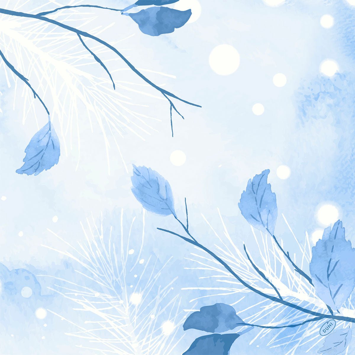Blue and white watercolor leaves and branches on a soft, textured background create a wintry look - ideal for Duni GmbH Dunisoft napkins 40x40cm.