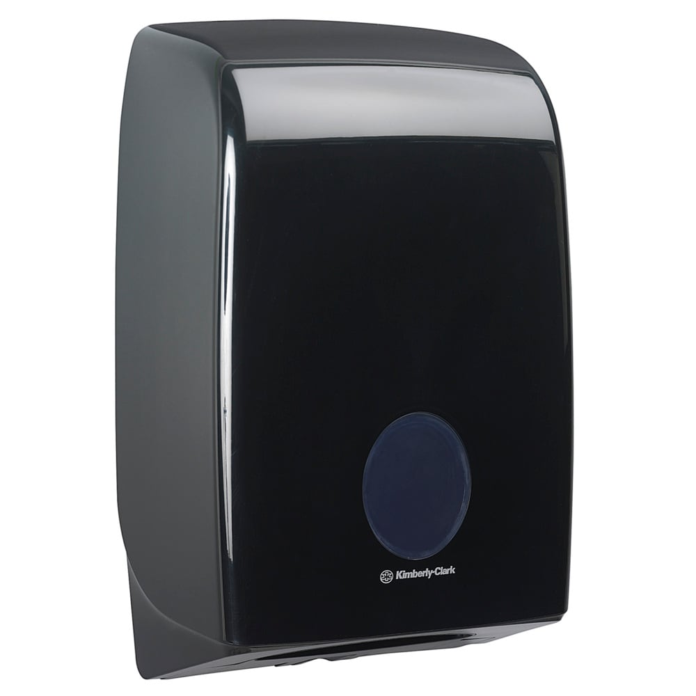 The Aquarius™ dispenser for folded towels - Interfold by Kimberly-Clark GmbH is a black, wall-mounted dispenser with a transparent front cover and a central round window, ideal for folded paper towels.