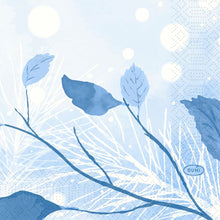 Blue-tinted illustration with silhouetted leaves and "DUNI" in the corner, perfect for napkins 24x24 3-ply 1/4 Frosted Winter (50 pieces) by Duni GmbH, reminiscent of a frosty winter design.