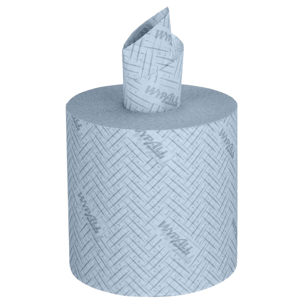 The large blue WypAll® L20 General Clean Centrefeed roll from Kimberly-Clark GmbH, 2-ply with textured pattern, has a sheet partially pulled out from the center - ideal for cleaning. Package: 6 rolls x 550 sheets per box.