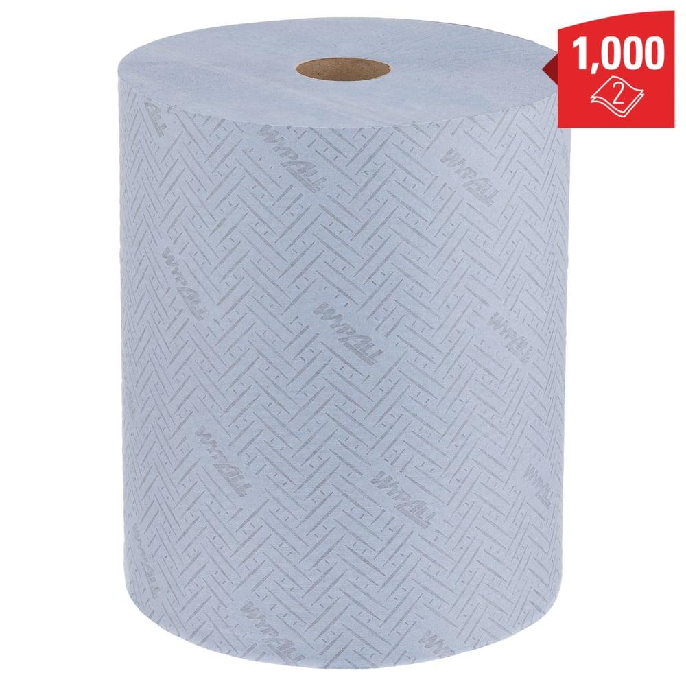 The extra-wide blue WypAll® L20 paper wipe large roll from Kimberly-Clark GmbH is characterized by a subtly patterned structure and the "Wypall" print. The red label shows 1,000 sheets and a two-ply symbol.