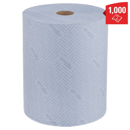 The extra-wide blue WypAll® L20 paper wipe large roll from Kimberly-Clark GmbH is characterized by a subtly patterned structure and the "Wypall" print. The red label shows 1,000 sheets and a two-ply symbol.