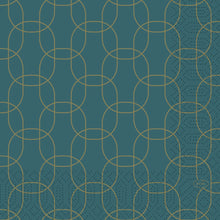 The napkins 33x33 cm, 3-ply, Golden Deco by Duni GmbH have a teal background with overlapping golden circles and ovals, dotted accents at the bottom right, and a small "DUNI" logo - ideal for festive occasions. Pack (50 pieces).