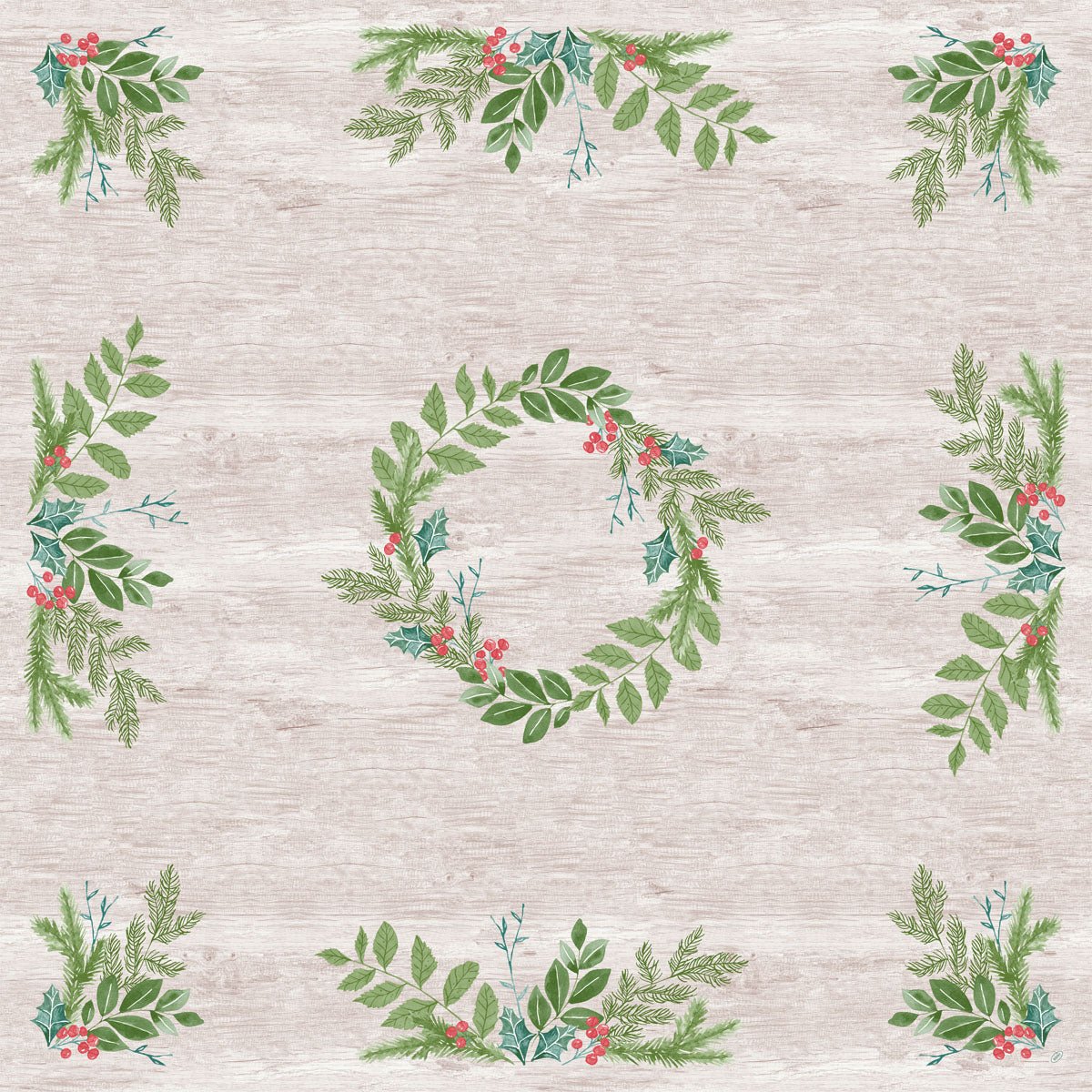 A bright wooden background with green, leafy table decorations in each corner and a circular wreath of greenery and red berries reminds of the festive, water-repellent Dunisilk(Plus) tablecloth 84x84 from Duni GmbH.