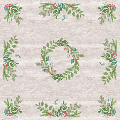 A bright wooden background with green, leafy table decorations in each corner and a circular wreath of greenery and red berries reminds of the festive, water-repellent Dunisilk(Plus) tablecloth 84x84 from Duni GmbH.