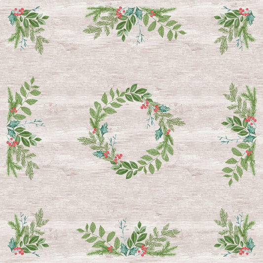 A bright wooden background with green, leafy table decorations in each corner and a circular wreath of greenery and red berries reminds of the festive, water-repellent Dunisilk(Plus) tablecloth 84x84 from Duni GmbH.