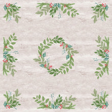 The Dunicel tablecloth 84x84cm Winter Greenery from Duni GmbH features green leaf wreaths with red berries on a light wood-textured background, ideal as an eco-friendly tablecloth for winter gatherings. The package contains 20 pieces.