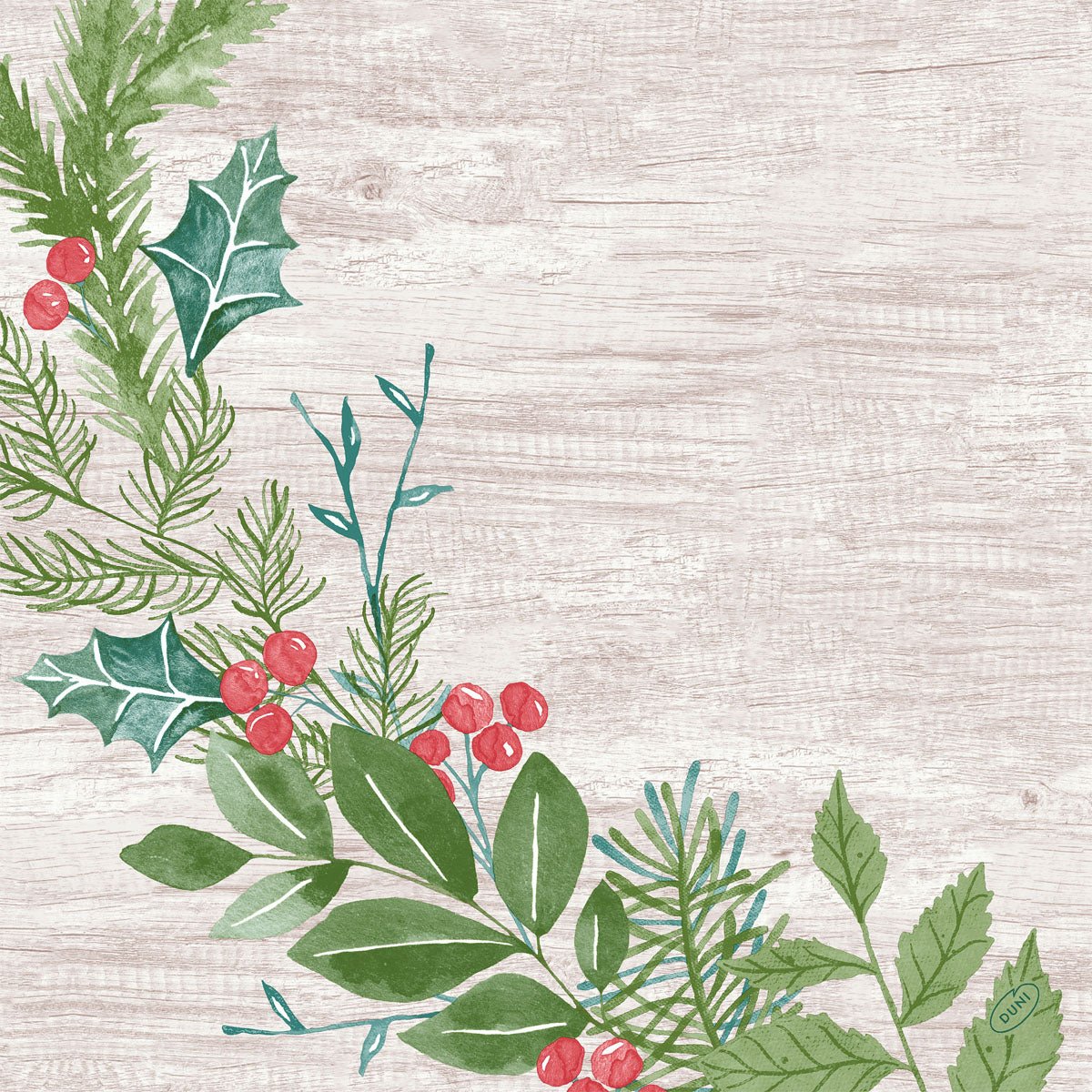 A watercolor illustration of green leaves, pine branches, holly, and red berries accents the lower left side on a light wooden background. Ideal for Duni GmbH Dunisoft napkins 40x40cm, perfect for eco-friendly tablecloths.