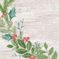 A watercolor illustration of green leaves, pine branches, holly, and red berries accents the lower left side on a light wooden background. Ideal for Duni GmbH Dunisoft napkins 40x40cm, perfect for eco-friendly tablecloths.