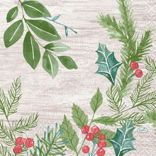 The Duni GmbH Napkins 33x33 3-ply 1/4 Winter Greenery (250 pieces) feature a watercolor design of green firs, holly, winter foliage, and red berries on a light wooden background that perfectly frames the center.