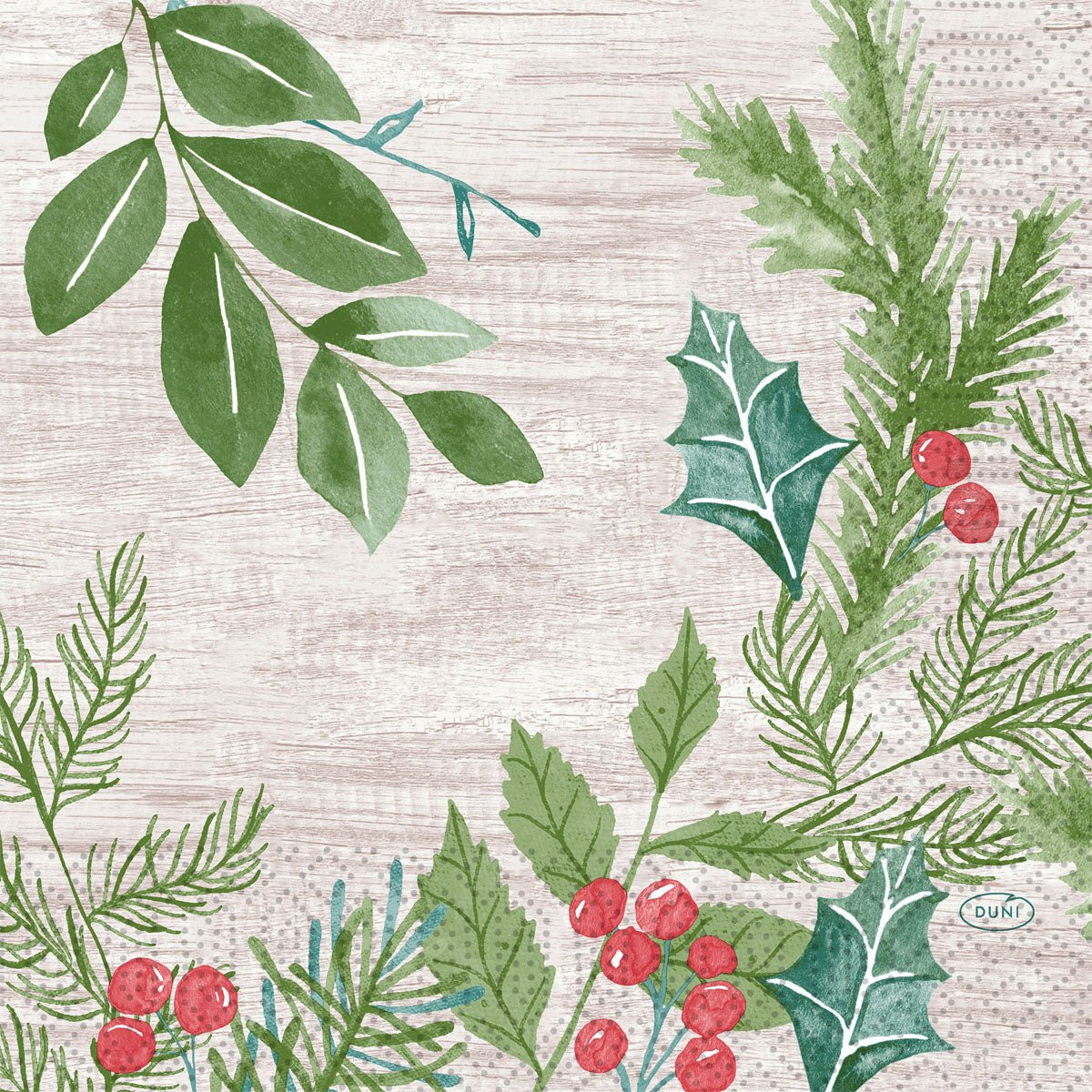 Winter greenery in watercolor style with fir, holly, and leaves on a wooden background - ideal for festive table decorations. Napkins 33x33 3-ply 1/4 Winter Greenery by Duni GmbH, pack (50 pieces).