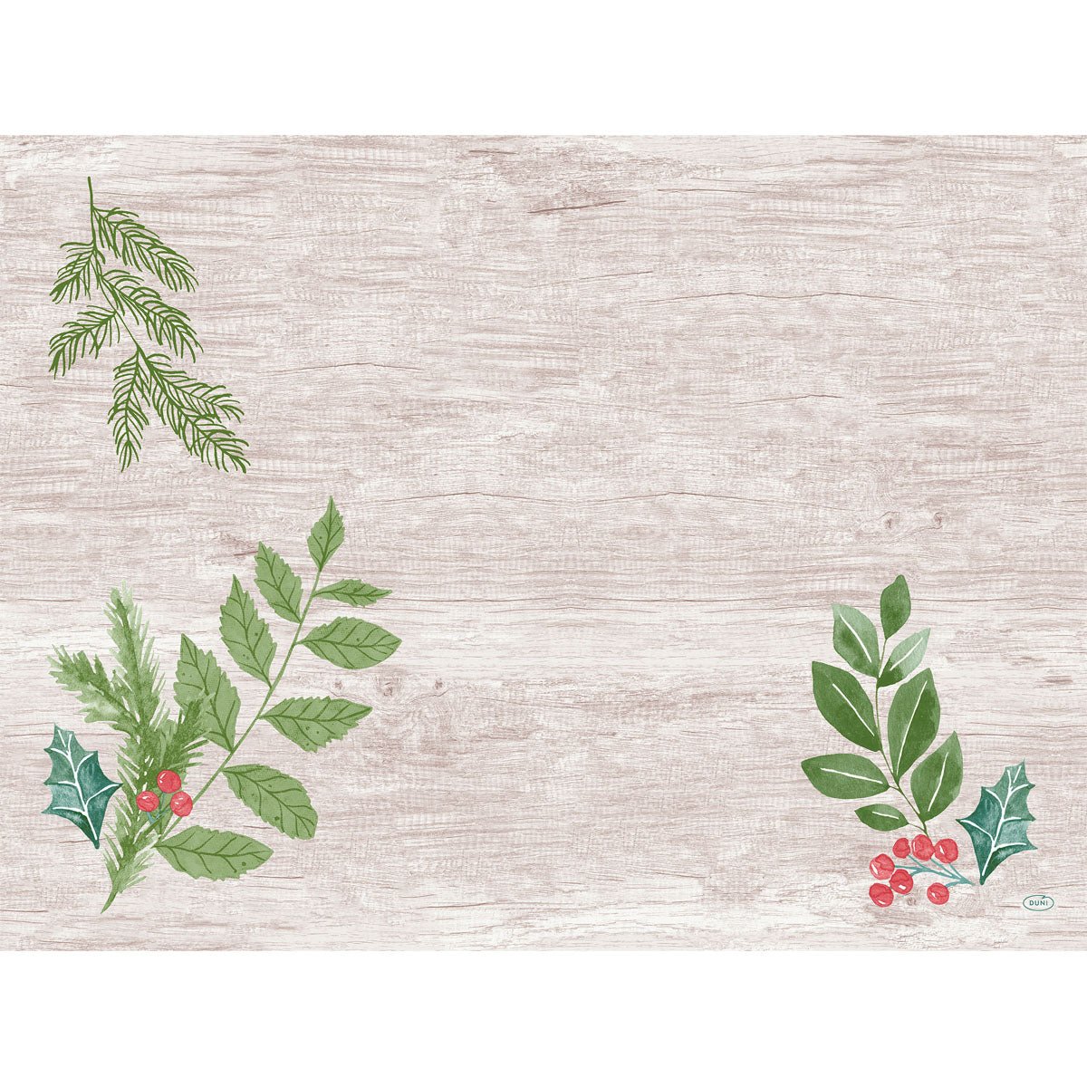 A light wood background with green leaves and red berries in the corners, ideal for presenting Dunicel sets 30x40 from Duni GmbH. The center is empty, providing space for text or other content.