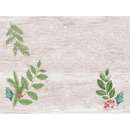 A light wood background with green leaves and red berries in the corners, ideal for presenting Dunicel sets 30x40 from Duni GmbH. The center is empty, providing space for text or other content.
