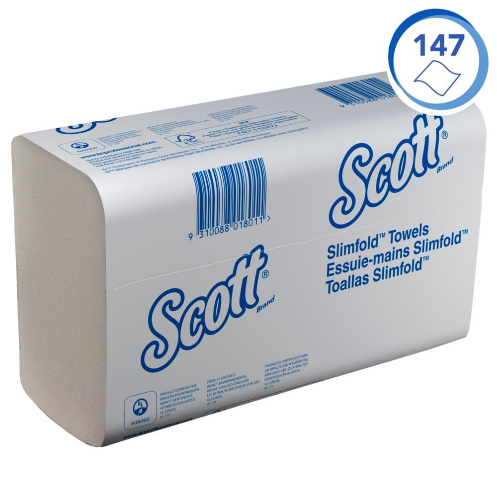 Scott® SLIMFOLD hand towels from Kimberly-Clark GmbH, white, 16 clips x 110 sheets per carton, hygienically folded and ideal for hand drying - practically packaged for easy use.