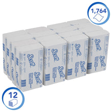 Sixteen packs of Scott® SLIMFOLD hand towels from Kimberly-Clark GmbH, each with 110 sheets, are neatly arranged. The white packaging highlights 1,760 sheets and 16 packs - ideal for hygienic hand drying in high-traffic areas.