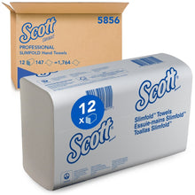 A pack of Scott® SLIMFOLD hand towels, folded, white, from Kimberly-Clark GmbH (16 clips x 110 sheets | carton), is pictured in front of a "5856" carton; the packaging shows details in English, French, and Spanish.