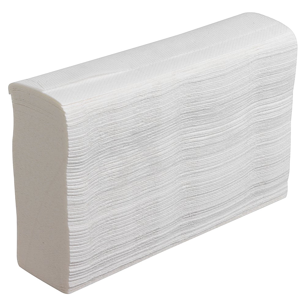 A stack of Scott® SLIMFOLD hand towels, folded and white (16 clips x 110 sheets/carton) from Kimberly-Clark GmbH, stands upright on a white background - ideal for hygienic hand drying.