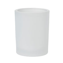 The Switch & Shine candle holder Snowy by Duni GmbH (100x80 mm, white frosted) is an elegant, simple, cylindrical glass holder with smooth sides, perfect for winter decoration, depicted against a white background. Package: 1 piece.