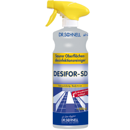 The 500 ml spray bottle of the Dr. Schnell DESIFOR-SD surface disinfectant by DR.SCHNELL GmbH & Co. KGaA with a yellow trigger and blue-yellow packaging is ready-to-use for surface disinfection.