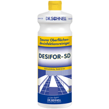 A bottle of the Dr. Schnell DESIFOR-SD surface disinfectant by DR.SCHNELL GmbH & Co. KGaA, a surface disinfectant with a yellow cap and blue-yellow label with product details and tables and chairs for effective surface cleaning.