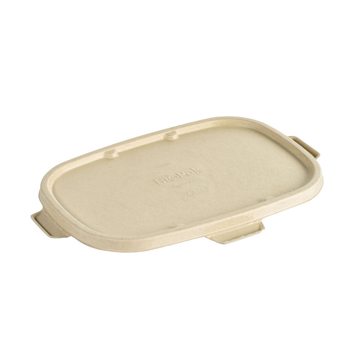 The brown bagasse-coated lid Cube 800/1200/400/500 ml from Duni GmbH (PBAT/PLA, 283x207x16 mm) offers an environmentally friendly packaging solution with two side pockets and an embossed logo. Packaging: 40 pieces.