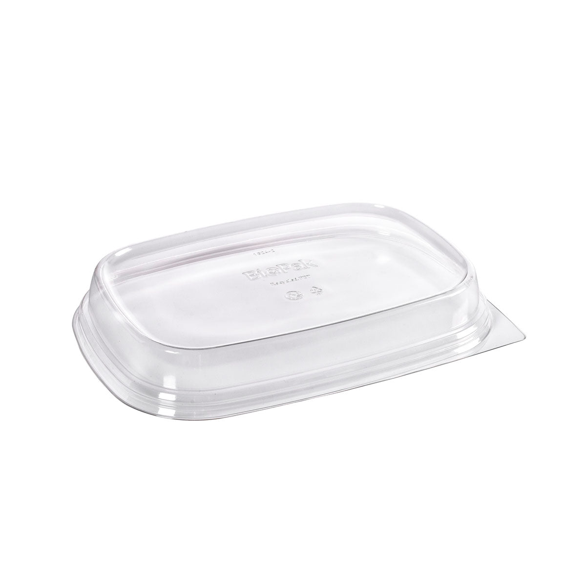 The Duni GmbH rPET Lid Cube 800/1200/400/500 ml Transparent (258x179x35) is depicted upside down on a white background, with raised edges and embossed text in the center, highlighting its use in sustainable packaging.