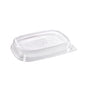 The Duni GmbH rPET Lid Cube 800/1200/400/500 ml Transparent (258x179x35) is depicted upside down on a white background, with raised edges and embossed text in the center, highlighting its use in sustainable packaging.