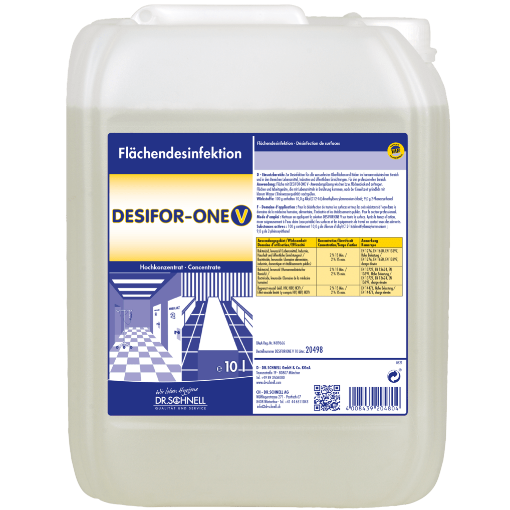 A 10-liter plastic container from Dr. Schnell DESIFOR-ONE V surface disinfectant by DR.SCHNELL GmbH & Co. KGaA, with a blue-yellow label containing product information, dosage instructions, and German safety warnings.