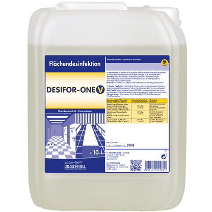 A 10-liter plastic container from Dr. Schnell DESIFOR-ONE V surface disinfectant by DR.SCHNELL GmbH & Co. KGaA, with a blue-yellow label containing product information, dosage instructions, and German safety warnings.
